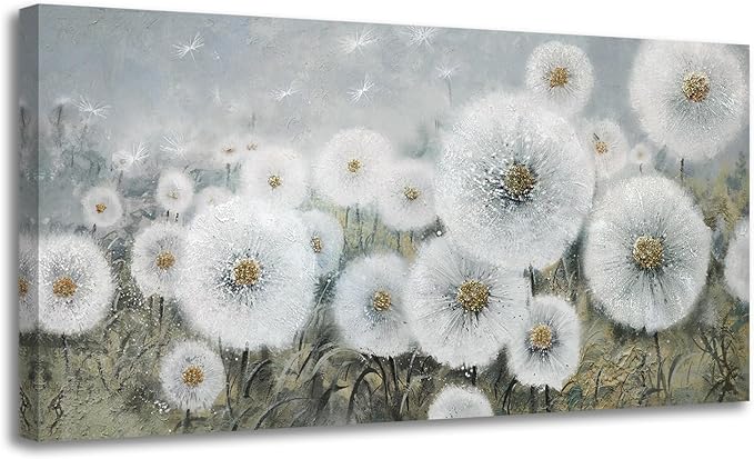 Ardemy Flower Wall Art Canvas Dandelion Painting White Floral Picture, Textured Large Framed for Living Room Bedroom Kitchen Dining Room Bathroom Home Office Decor 40"x20"