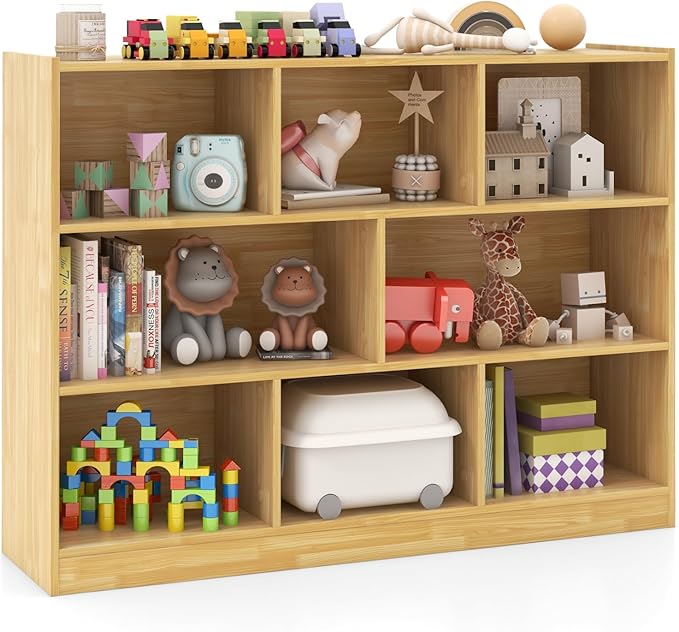 HONEY JOY Kids Toy Storage Organizer, 8-Section Storage Daycare Shelf for Preschool, Children 3-Tier Open Wooden Display Book Shelf Organizer for Classroom, Playroom & Nursery, Kindergarten(Yellow)