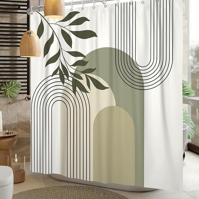 Boho Sage Green Shower Curtain Mid Century Modern Abstract Plant Botanical Bathroom Curtain Minimalist Neutral Geometric Arch Bath Decor Polyester Set with Hooks 72x78 inch