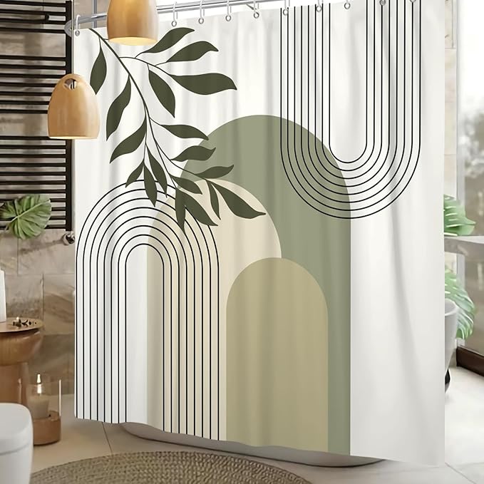 Boho Sage Green Shower Curtain Mid Century Modern Abstract Plant Botanical Bathroom Curtain Minimalist Neutral Geometric Arch Bath Decor Polyester Set with Hooks 72x72 inch