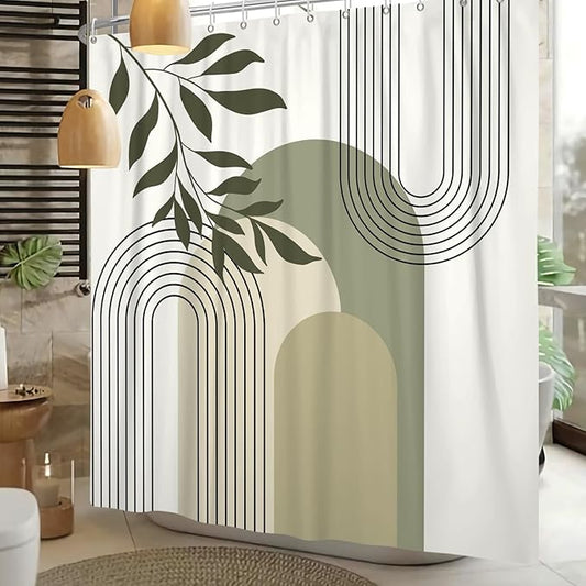 Boho Sage Green Shower Curtain Mid Century Modern Abstract Plant Botanical Bathroom Curtain Minimalist Neutral Geometric Arch Bath Decor Polyester Set with Hooks 72x72 inch