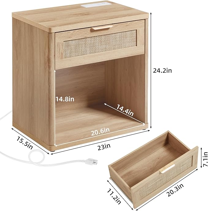 LEYAOYAO Rattan Nightstand with Charging Station, Natural Wood Night Stand with Drawer, 23" Wide Boho Bedside Table with Storage Shelf, Bed Side End Tables for Bedroom, Living Room, Hallway