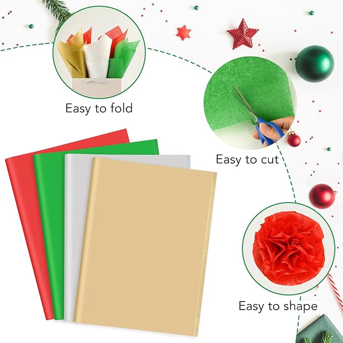 NEBURORA 100 Sheets Christmas Tissue Paper Red Green Silver Golden Gift Wrapping Tissue Paper for Holiday Gift Crafts Bags and Party Decorations