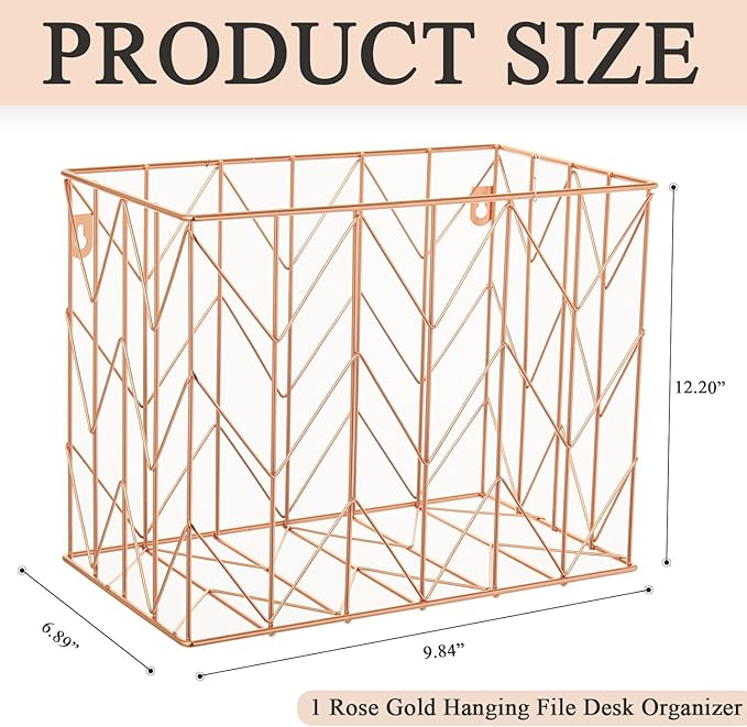 Beramon 1 Pack Rose Gold Hanging Folder Desk Organizer Decorative Organizer Metal Wire Baskets Suitable for Hanging file folder Design for Home Offices Supplies, 9.4 X 11.8 Inch