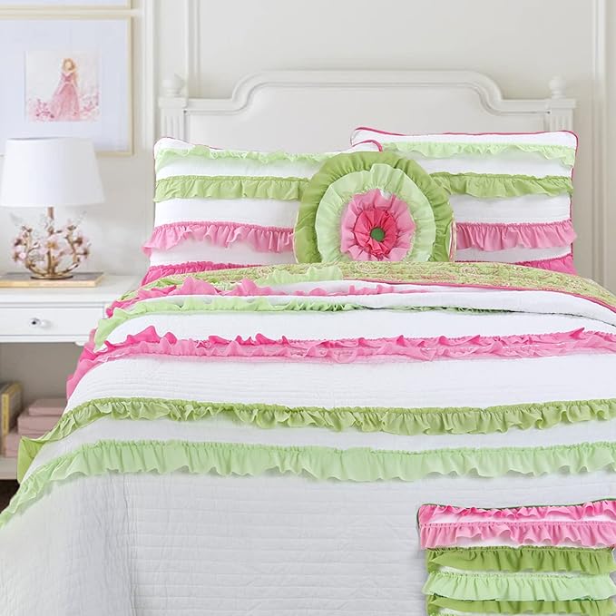 Cozy Line Home Fashionsn Chic Ruffles Pink Green Girl 100% Cotton Reversible All-Season Coverlet, Bedspread, Quilt Bedding Set (Charlotte, Queen)
