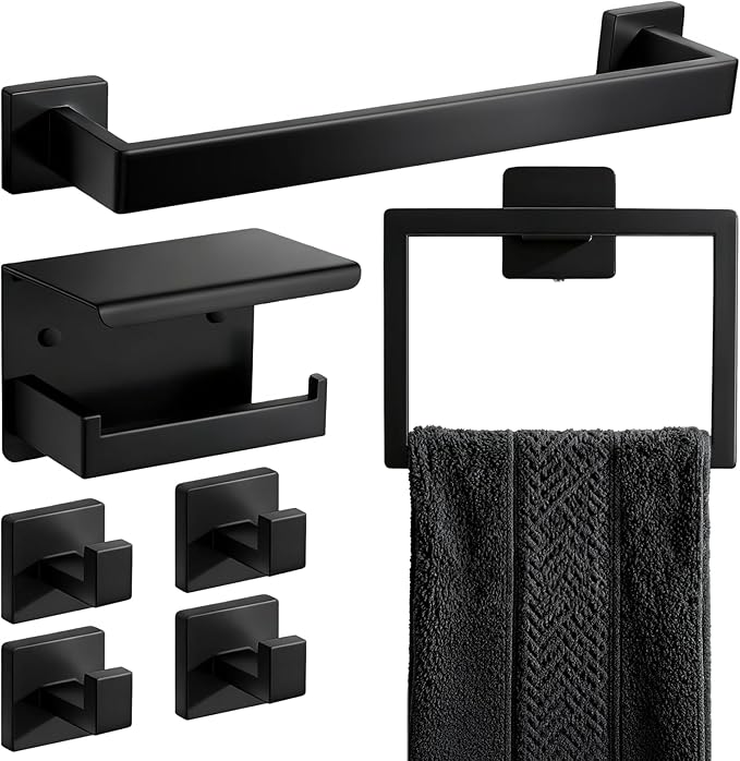 7-Piece Matte Black Bathroom Accessories Hardware Set, Stainless Steel 16" Towel Bar, Towel Ring, Toilet Paper Holder with Shelf, 4 Towel Hooks, Wall Mounted for Bathroom, Kitchen, Hotel