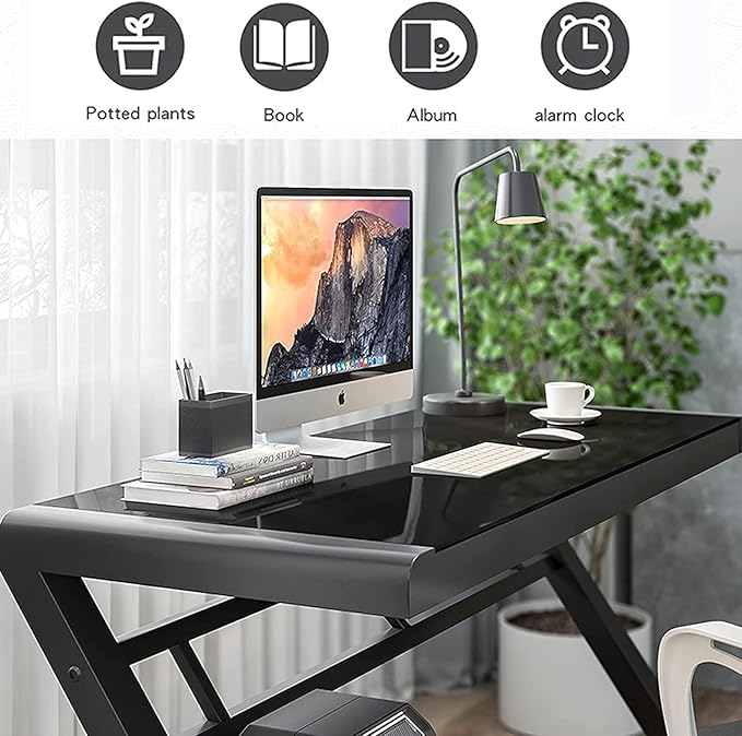 SAMERY Computer Desk Home Office Desks, 55.1 Inch Modern Simple Office Black Glass Desk Computer Table Study Gaming Writing Desk, Fashion Strength Tempered Glass Office Laptop Desk