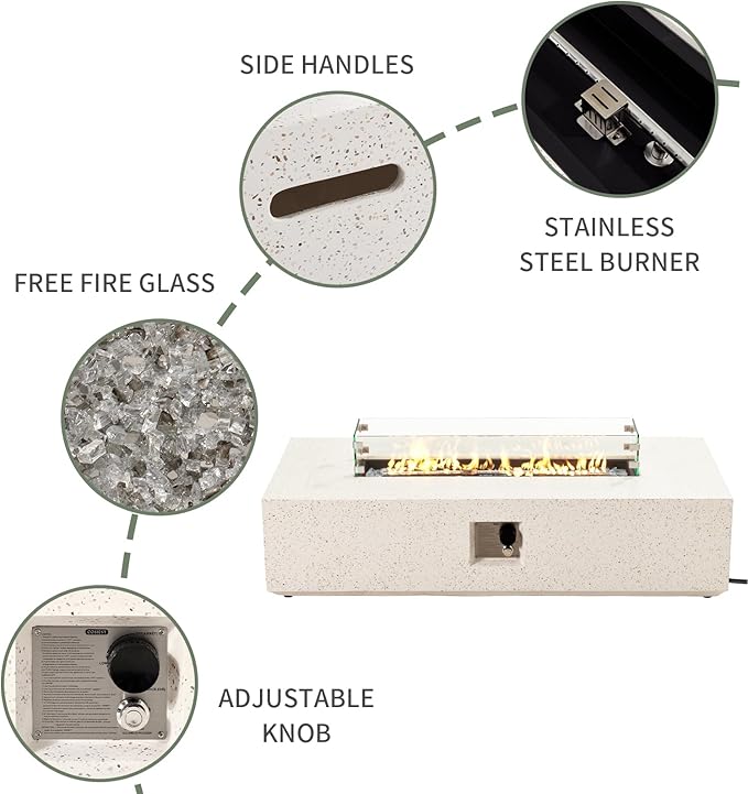 COSIEST Outdoor Propane Fire Pit Table, 56" x 28" Rectangle Terrazzo White Concrete-Like Finish, Certified, 50,000 BTU Stainless Steel Burner w Transparent Gray Fire Glass, Wind Guard, Raincover