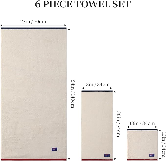 REDKISS 6 Piece Bath Towel Set, 100% Cotton, Soft Absorbent 600 GSM | Includes 2 Bath Towels, 2 Hand Towels & 2 Washcloths | Quick Dry | Contrast Border Design | Bathroom | Guest Bath & Apartment