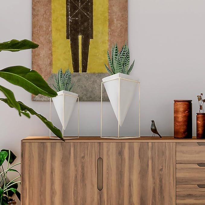 Modern Geometric Table Vases - Set of 2, 1 x Large, 1 x Small, White Ceramic Porcelain Style Baskets, with Decorative Brass Wire Frames - Accents Blue, Turquoise, and Yellow Flowers