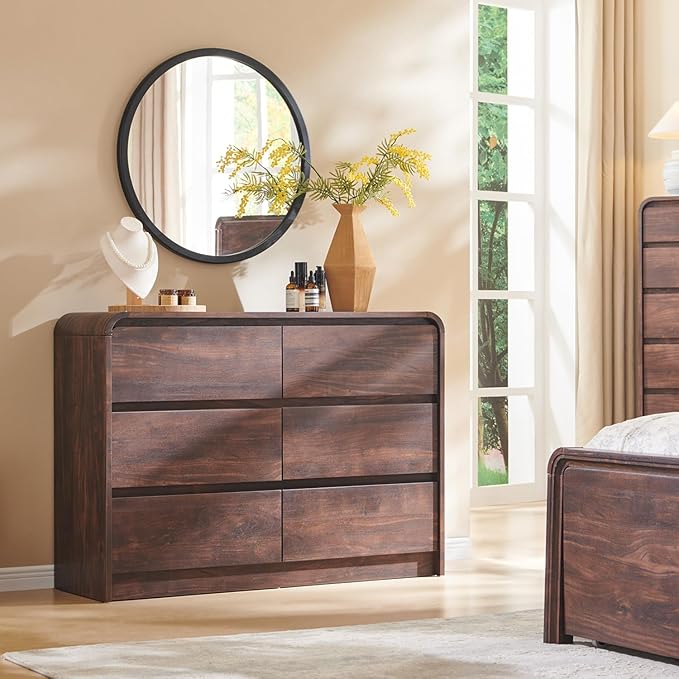 Modern 6 Drawers Dresser for Bedroom, 47" Wide Wood Dressers & Chests of Drawers w/Curved Profile Design, Mid Century Modern Dresser w/Natural Texture for Bedroom, Living Room, Brown