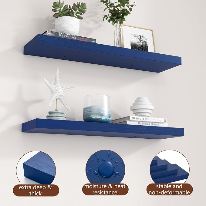 fuqing 30 Inch Floating Shelves, Dark Blue Floating Shelves for Wall Set of 2, 30'' Long Wooden Wall Shelves for Living Room Bedroom Kids' Room Boys' Room - Dark Blue