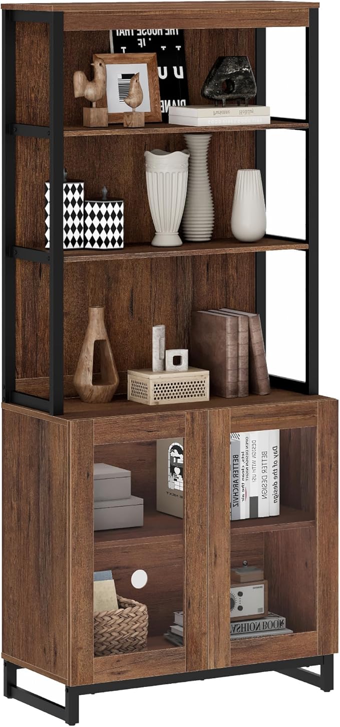 WAMPAT Modern 72" Tall Bookcase with Glass Doors and Adjustable Shelves, Library Book Shelf with Storage Cabinet and Open Book Shelfs, Wood Bookshelf for Home Office, Living Room, Brown