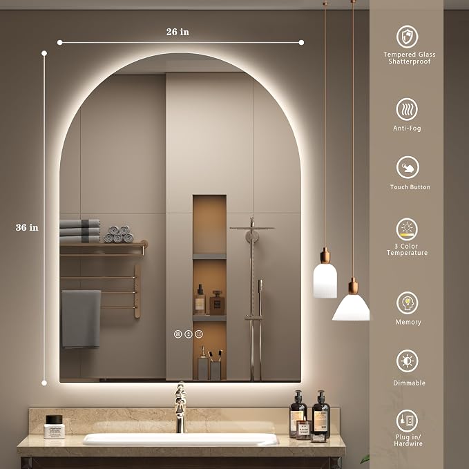 Backlit Arched LED Bathroom Mirror 26x36 Inch, Dimmable LED Vanity Mirror with Lights, Anti-Fog, 3 Colors, Memory, ETL Listed