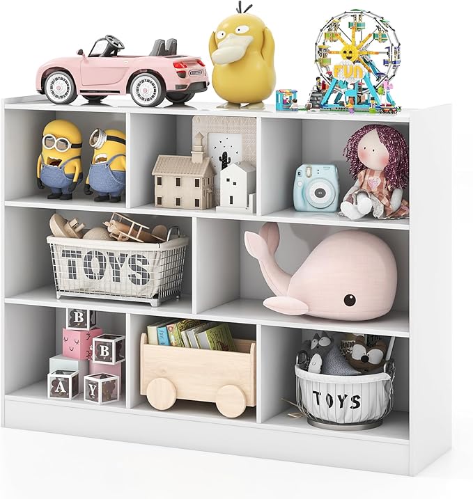 Toy Storage Organizer, 3-Tier Kids Bookshelf, 8 Cube Kids' Bookcases, Cabinets & Shelves, Wooden Toy Organizers, Small Book Shelf for Bedroom, Playroom, Classroom, Nursery (White)