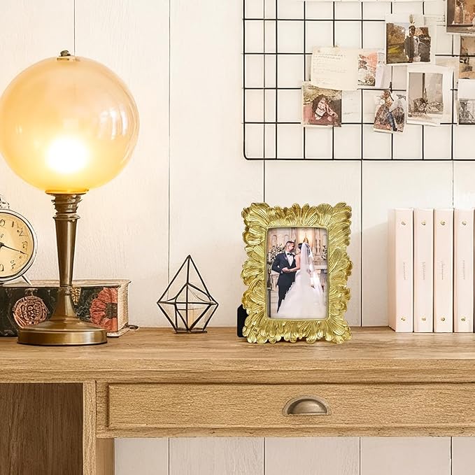 4x6 Vintage Picture Frame Gold, Ornate Leaves Photo Frame with Glass Front, Elegant Picture Frame for Wall or Tabletop Display, Gift ldeas for Home Decor