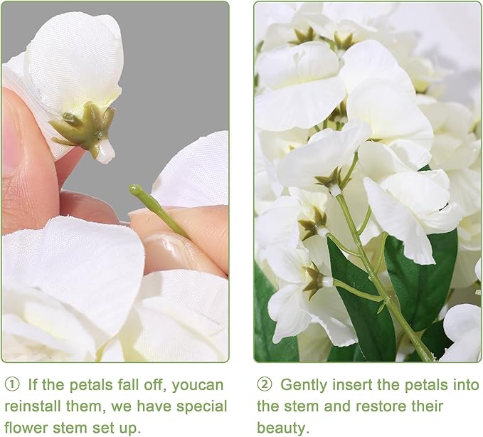 HyeFlora Fake Flowers Indoor Plants, 2Pcs Greenish White Hanging Wisteria Decoration, Light Cream White UV & Fading Resistant, Room Decor for Kitchen Living Room Bathroom Centerpiece Table
