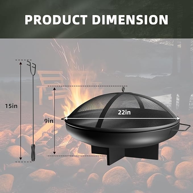 HEAHOLD 24 Inch Fire Pit for Outside Outdoor Wood Burning Firepit Bowl Heavy Duty Steel Bonfire Pit for Patio Backyard Camping Deck with Spark Screen, Log Grate & Poker