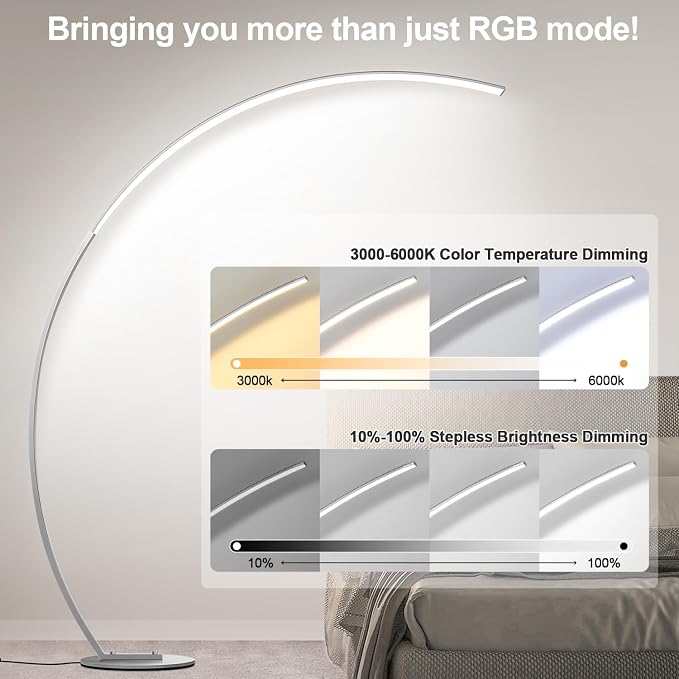 RGB Floor Lamp with 3 Color Temperatures, Ultra Bright 1800LM Smart Arc LED Floor Lamp with Remote Control, Music Sync, Scene Modes, Modern Standing Tall Lamp for Bedroom Living Room-Brushed Nickel