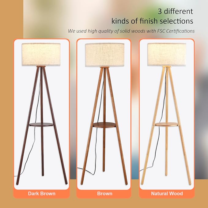 Wood Tripod Floor Lamp with Shelf & 3 Color Temparature LED Bulb, Modern Nordic Wooden Standing Floor lamp Linen Shade for Living Room, Bedroom, Office, ETL Listed/Natural Wood Color