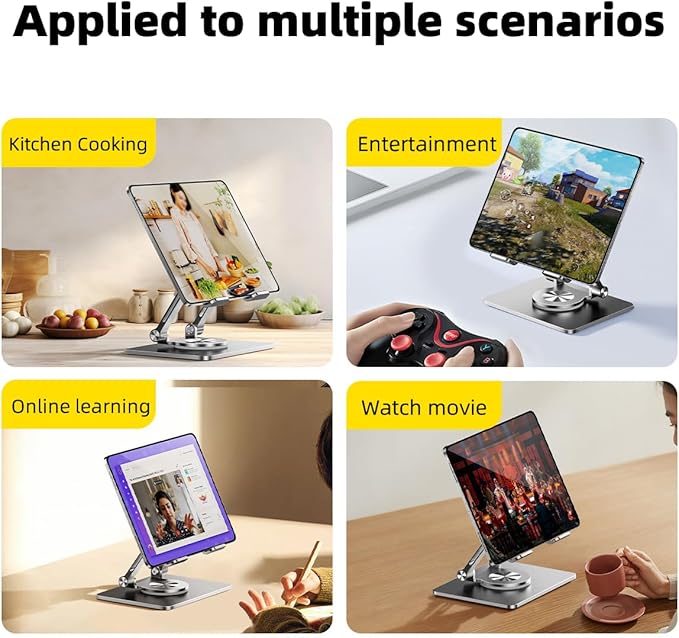 iPad Holder Stand, Tablet Holder with Thickened 360° Rotating Base Dual Rod Adjustable Aluminum Stand for All 4-12.9’’ iPad Surface Samsung Phone Tablet Kindle E-Reader and More, Silver