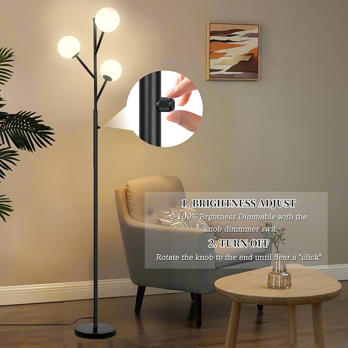 Ldeco 3-Globe Mid Century Black Tree Floor Lamp for Living Room,70in Tall Modern Stepless Dimmable Standing Lamp with Frosted Glass Shade for Office Bedroom, Study Room Bulbs Included(dimmer-Black)