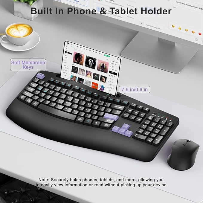 Wireless Keyboard and Mouse Combo, 2.4G Full Size Wave Keys Ergonomic Keyboard with Wrist Rest, Phone Holder, 3-Level DPI Wireless Silent Mouse with 6-Buttons, for Windows, Mac OS (Purple Black)