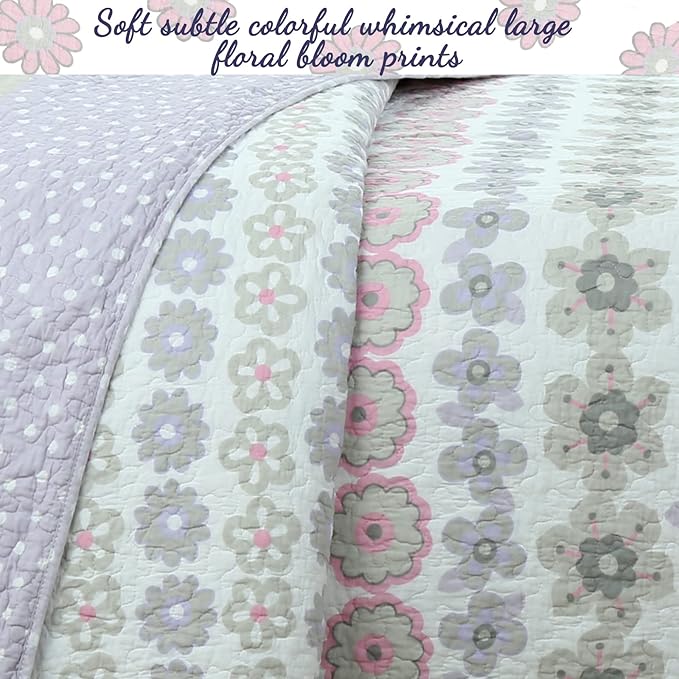 Cozy Line Home Fashions Whimsical Purple Lavender Pink Floral 100% Cotton Girls Reversible Quilt Bedding Set, Bedspread, Coverlet (Lilac Bloom, Twin - 2 Piece)