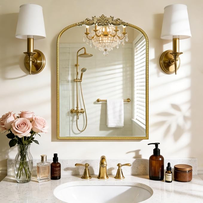 WallBeyond Gold Vintage Mirror for Vanity 22x30 Inch, Gold Antique Mirror with Ornate Frame, Arched Vintage Wall for Bathroom, Living Room, Fireplace, Entryway