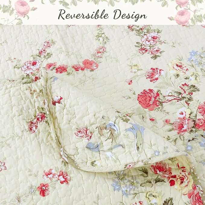 Cozy Line Home Fashions Khaki Cream Yellow Floral Blooming 100% Cotton Reversible Quilt Bedding Set Coverlet Bedspread (Rose Romance, King - 3 Piece)