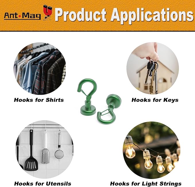 Ant Mag Magnetic Hooks Heavy Duty with Snap 22lbs Strong Green Magnet Hooks Great Hanging for Refrigerator, Cruise Cabin, Grill, Wreath,Kitchen,Office 8 Pack