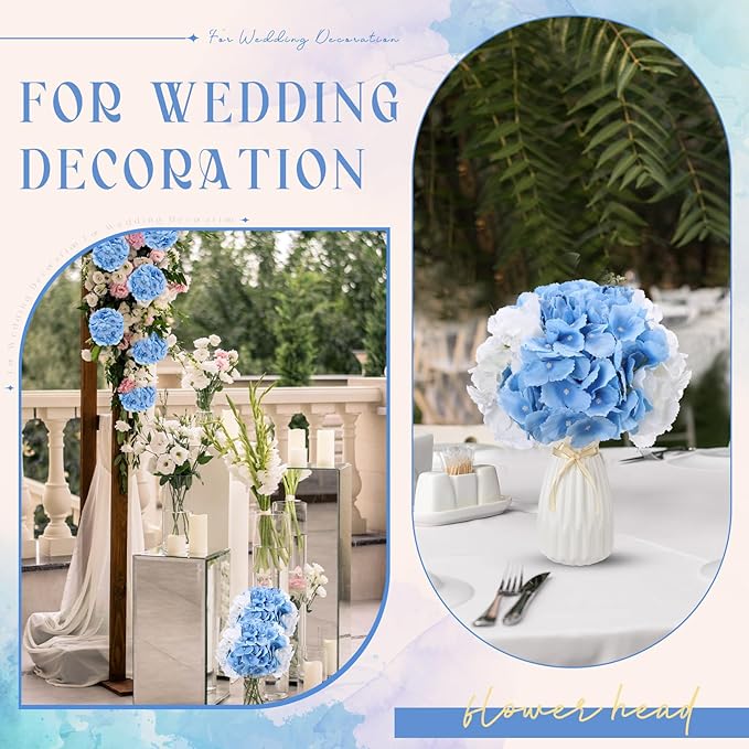 Unittype Silk Hydrangea Artificial Flowers Heads with Stems Faux Hydrangea Flowers for Wedding Centerpieces Bouquets DIY Floral Decorations for Home Indoor(White and Sky Blue,300 Pieces)
