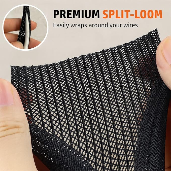 MGI SpeedWare Braided Split-Sleeve Wire Loom for High-Temperature Automotive Harness and Home Cable Management 10 feet (1/8")