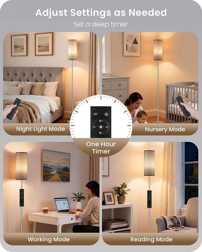 Dimmable Floor Lamps for Living Room with Remote and Foot Switch, 64.4” Modern Standing Tall Lamp, Corner Lamp for Bedroom, Office, Bulb Included, 3000K-6500K, Gray and Silver, FCC Listed SH06LD05W1