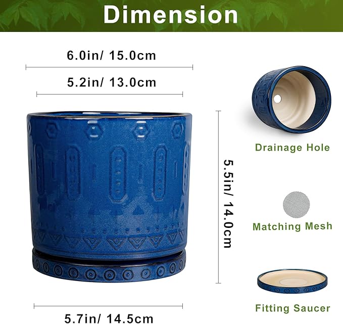 Eightpot Ceramic Planter, 6 Inch Plant Pot with Drainage Hole and Tray, Round Flower Pots for Indoor Outdoor Plants, Boho Decorative Pots for Plants, Bookshelf Decor, House Warming Gift, Blue