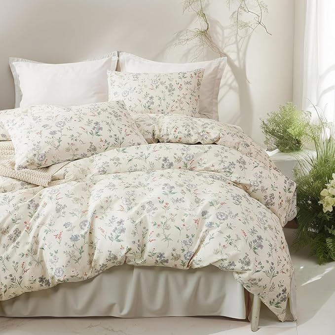 EAVD Chic Shabby Botanical Floral Duvet Cover Twin Soft Cotton Garden Floral Bedding Set with 2 Pillowcases Fresh Reversible Botanical Duvet Cover with Zipper Closure