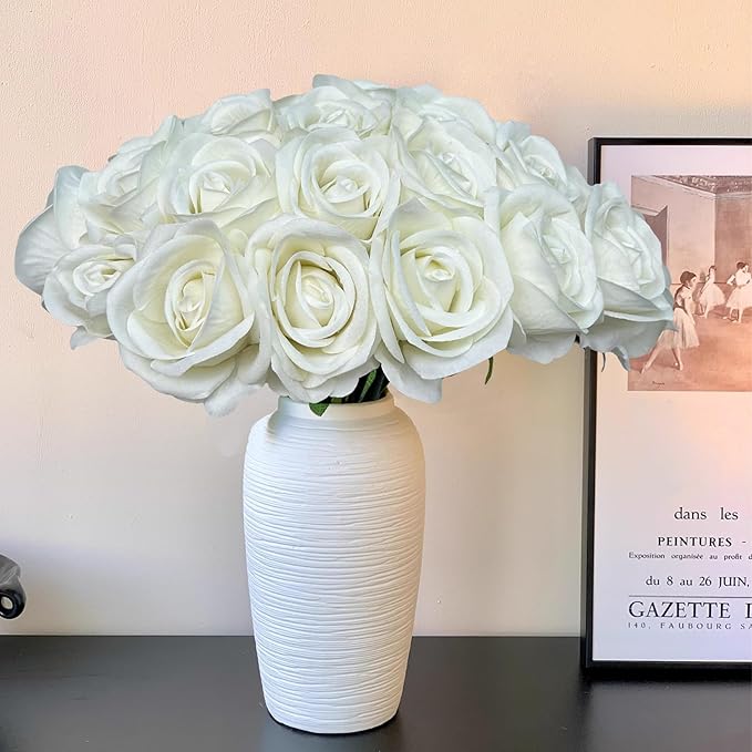 FagusHome 30 Pcs Silk Rose Artificial Flowers Roses Bulk Bouquet Fake Flowers Rose Heads with Stems for Home Wedding Decor (White)