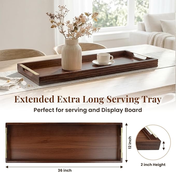 36" Acacia Wooden Charcuterie Board with Handles, Extra Long Cheese & Serving Tray for Party Appetizers, Bread, Meat & Fruit Display, Natural Wood Kitchen Platter for Entertaining