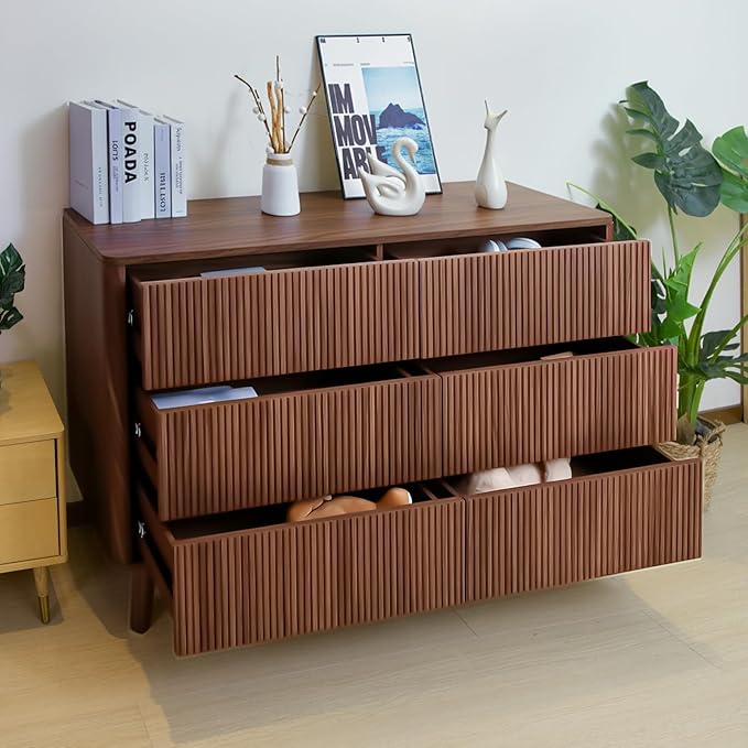 Fluted 6 Drawers Dresser for Bedroom,52" Wide Handleless Chest of Drawers with Faux Marble Top, Wooden Dresser TV Stand, Wood Drawer Organizer for Living Room, Hallway, Walnut
