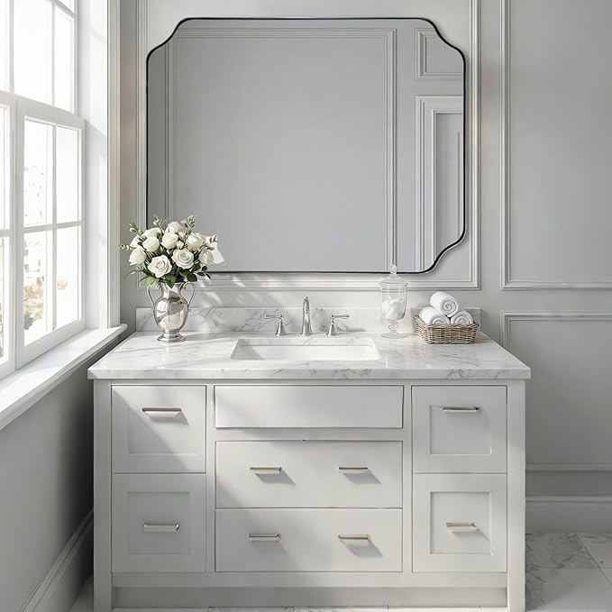 ANDY STAR 36x40 Inch Chrome Bathroom Mirror, Large Scalloped Mirror for Wall, Modern Polished Nickel Mirror in Anti-Rust Stainless Steel Meral Thin Frame, Ideal for Bathroom Remodel