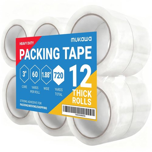 Mukawa Heavy Duty Packing Tape - 12 Rolls of 2.7mil Thick Clear Tape | 720 Yards, 1.88" x 60 Yards Each Roll, Holds 100 Pounds
