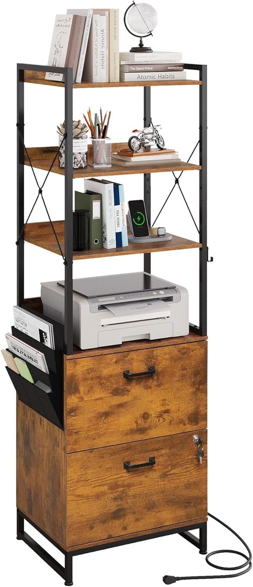 DEVAISE 2 Drawer File Cabinet - Lockable Design with Charging Station & Adjustable Shelf | Rustic Brown