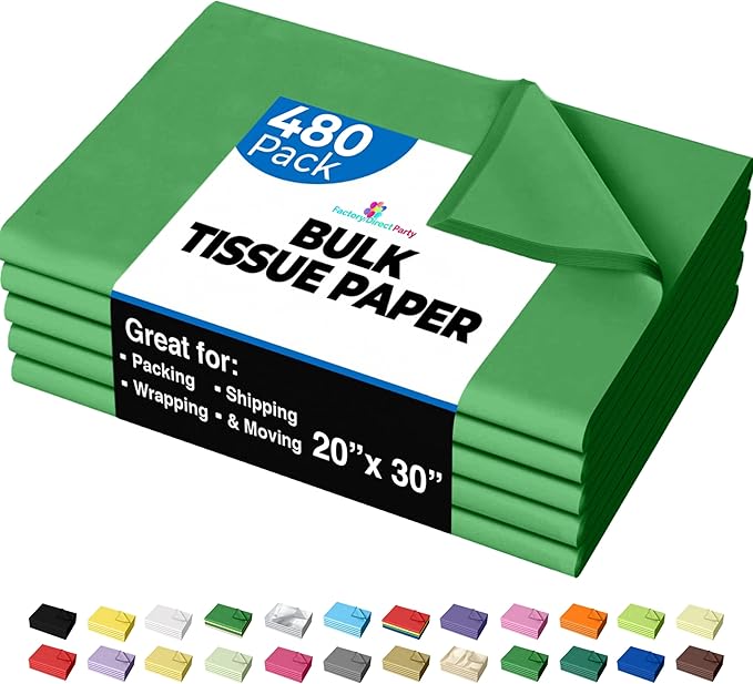 Party Solids Emerald Green Tissue Paper for Gift Bags - 20" X 30" Bulk Tissue Paper Green 480 Sheets - 10lb Newsprint for Packing, Birthday Gift Box Filler, Packing Supplies for Moving Supplies