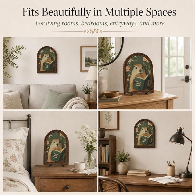 Wooden Tabletop Decor Funny Reading Groundhog Art for Library, Office or Study Decor, Literary Wall Art for Reading Lovers Gift Decor, Home Decorative Accent