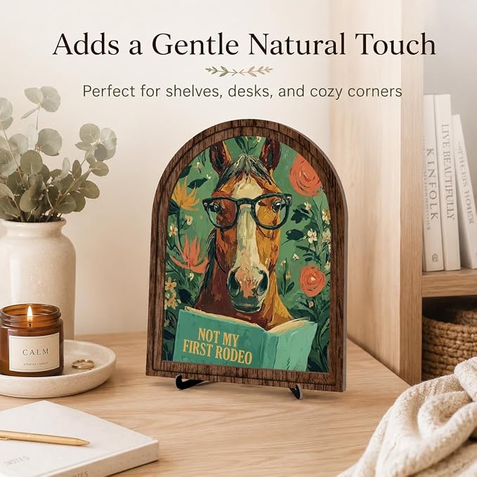 Wooden Sign with Stand Decoration, Funny Horse Decor for Bookshelf Desk Shelf, Rustic Farmhouse Home Office Decor, Literary Equine Decor for Bibliophile Rodeo Lovers