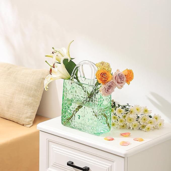 Purse Vase, Glass Bag Vase, Glass Purse Vase for Flowers, Green Vases, 12 Inch Large Flower Vases with Embossed Pattern for Wedding, Living Room, Bedroom, Table, Office(Tote)