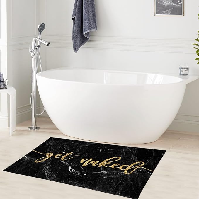 LB Gold Get Naked Bath Mat for Bathroom- Modern Black Marble Non Slip Doormat- Funny Luxury Geometric Super Absorbent Memory Foam Living Room Bedroom Door Front Floor Area Rugs,31.5x19.6 Inch