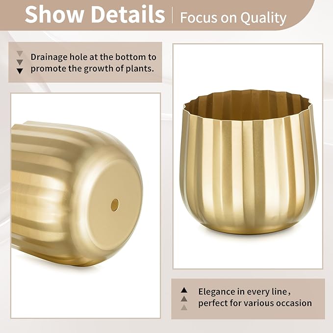 Gold Vases Compote Centerpiece Planter: 4" Ribbed Metal Vase Small Compote Bowl Planter Pot with Drainage Hole for Wedding Table Centerpiece Indoor Plants Set of 6