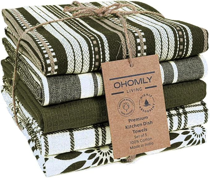 Assorted Kitchen Towels Set of 5-100% Cotton Dish Cloths Towels with Hanging Loop - Soft, Absorbent & Washable for Kitchen Use - Quick Drying Dish Towels 16x26 Inch Green