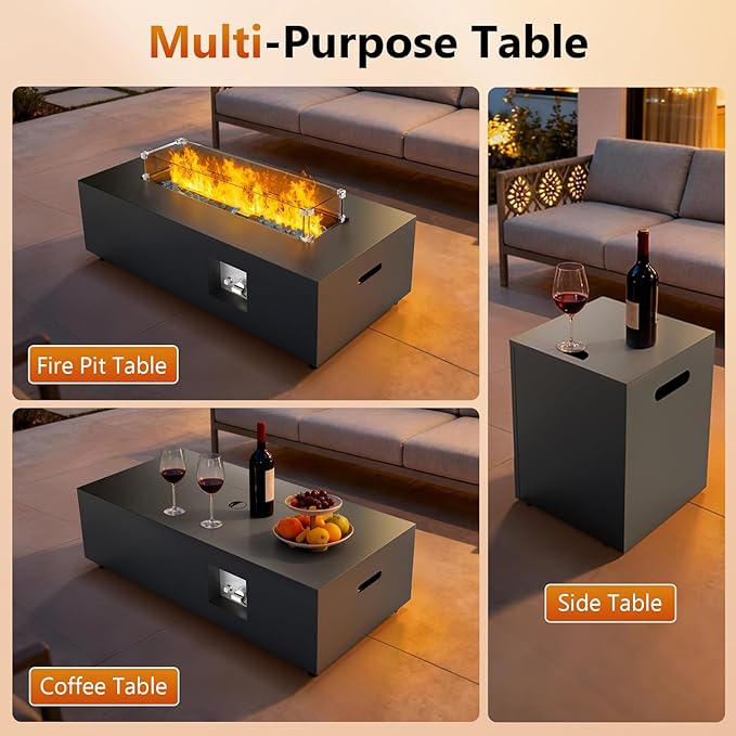 2-Piece 42" Rectangular Propane Fire Pit for Outside Patio with Hidden Tank Table, 50,000 BTU Fireplaces with Glass Wind Guard, Lid, Glass Rocks, Cover(Black)